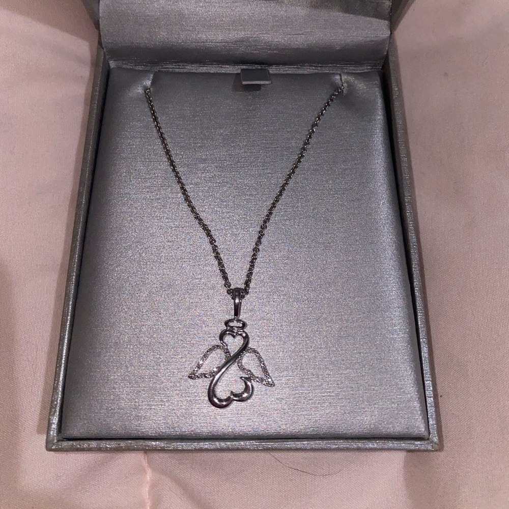 Elegant Silver Angel Pendant Necklace with Diamond accent